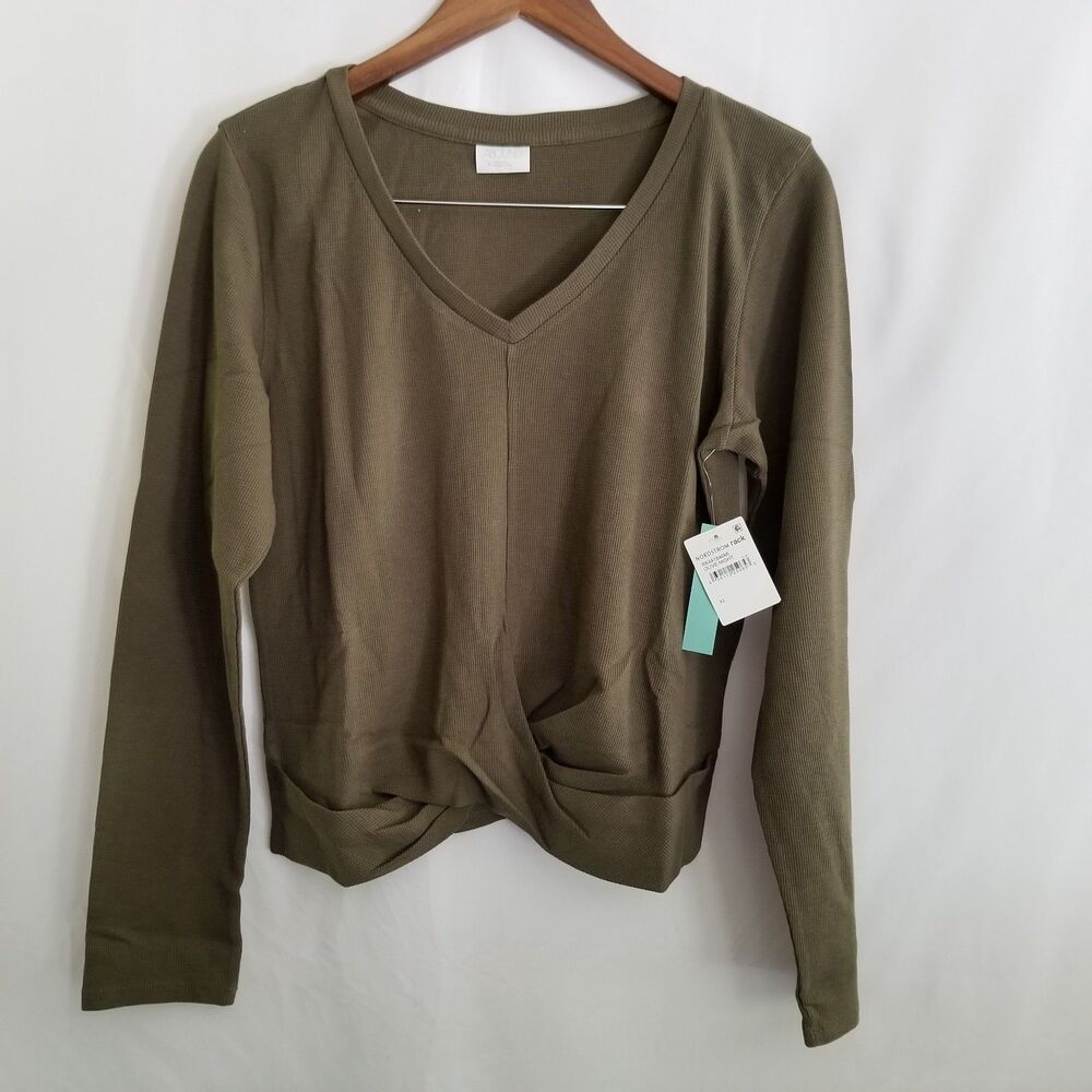 Abound Women’s XL Long Sleeve Twist Front Top Olive Green Waffle Knit Casual